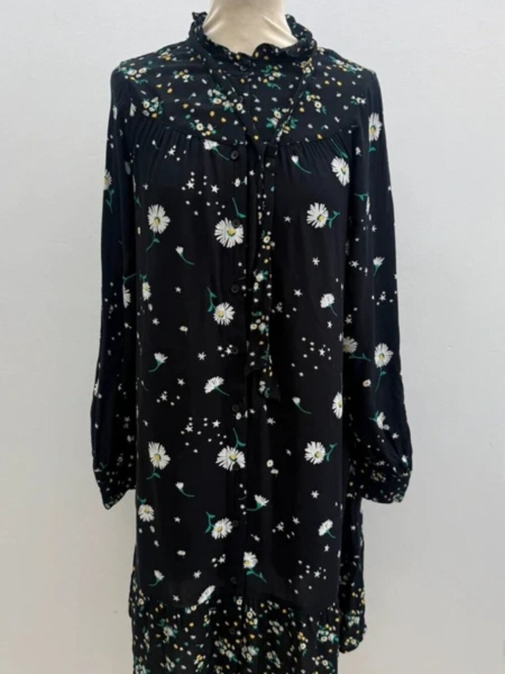 M&S Collection Black Daisy Print Tie-Neck Dress  Size 8 Regular